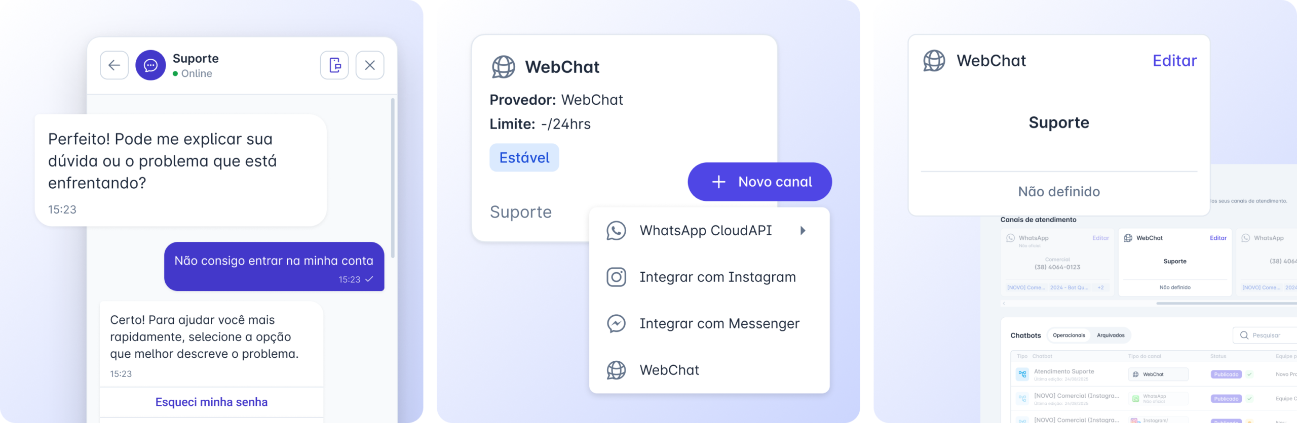 WebChat da TousChat: conversa de suporte com o visitante, criação do canal em Novo canal e card do canal WebChat em Canais de atendimento
